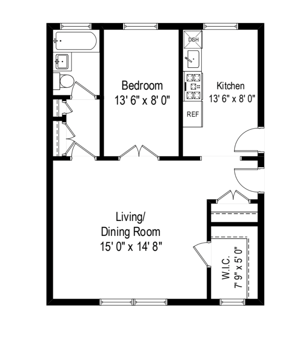Floor plan for studio, 1 bath, 626 sqft